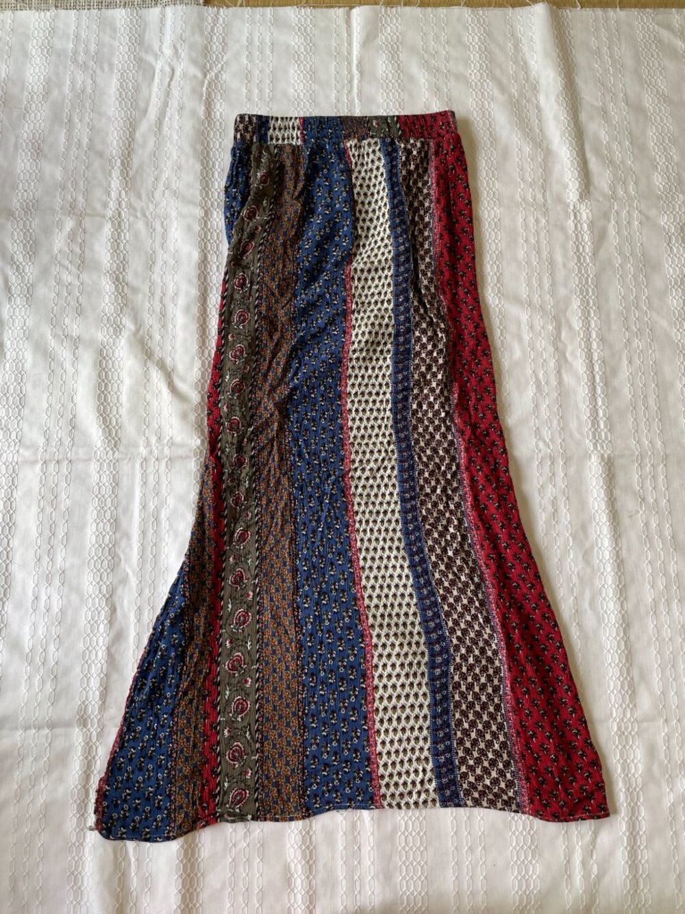 Boho Striped Patchwork Maxi Skirt in Red, Blue, Olive & Cream Leg Slit - Picture 3 of 6